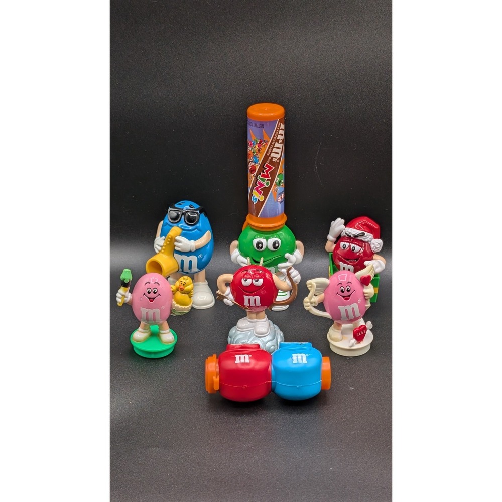 M&M Vintage Lot Of 7 Candy Dispenser Containers, Cake Toppers & Figurines